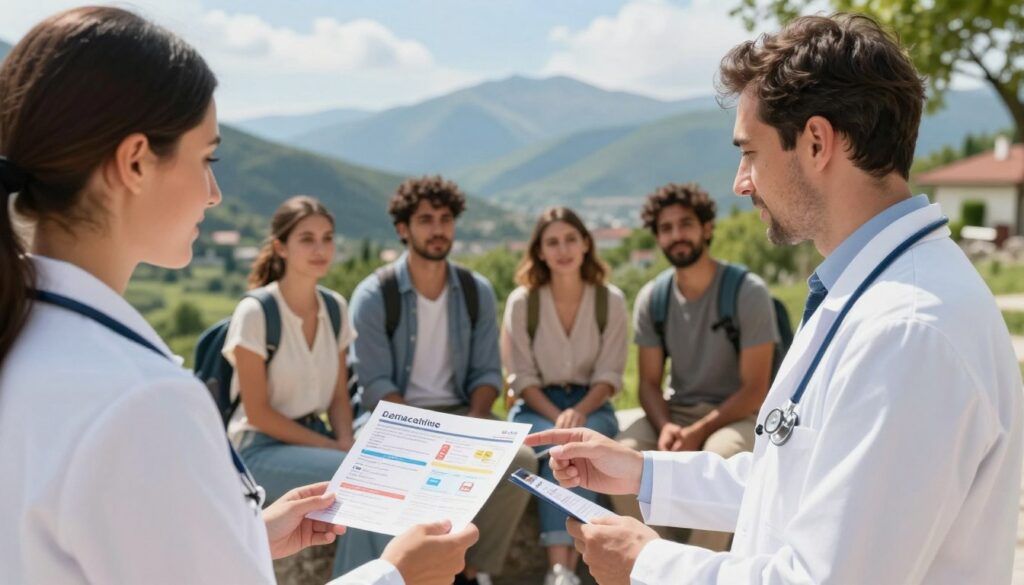 A serene outdoor scene depicting a health professional, dressed in a white lab coat with a stethoscope, advising a diverse group of travelers about vaccinations before their trip to Albania. In the foreground, the health professional is showing a travel vaccination booklet with colorful charts and icons representing different vaccines. In the middle ground, the travelers—dressed in modest casual clothing—listen attentively, appearing relaxed and engaged. The background features a picturesque Albanian landscape, showcasing mountains and greenery under a bright blue sky. Soft, natural lighting enhances the friendly atmosphere, creating a sense of safety and preparation. The composition should suggest a positive, informative interaction, emphasizing health and travel safety.