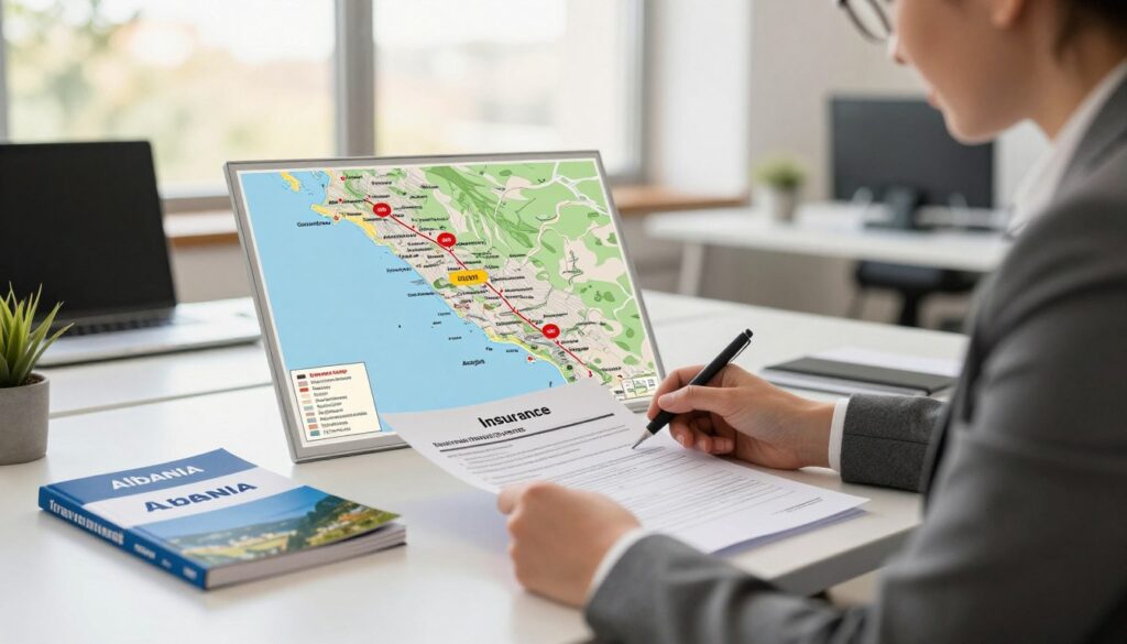 A serene travel insurance concept depicted in a well-lit office environment. In the foreground, a professional in business attire is reviewing travel documents and an insurance policy on a sleek desk, alongside a travel guidebook featuring Albania. The middle ground contains a map of Albania, with notable landmarks highlighted, such as the Albanian coast and mountains. In the background, large windows reveal a bright day outside, symbolizing safety and adventure. The atmosphere is organized and calm, with warm, inviting lighting creating a sense of security and preparedness. The lens should emphasize clarity, showcasing both the person and the travel materials with a soft depth of field, evoking a sense of professional assurance in travel safety and health. A serene travel insurance concept depicted in a well-lit office environment. In the foreground, a professional in business attire is reviewing travel documents and an insurance policy on a sleek desk, alongside a travel guidebook featuring Albania. The middle ground contains a map of Albania, with notable landmarks highlighted, such as the Albanian coast and mountains. In the background, large windows reveal a bright day outside, symbolizing safety and adventure. The atmosphere is organized and calm, with warm, inviting lighting creating a sense of security and preparedness. The lens should emphasize clarity, showcasing both the person and the travel materials with a soft depth of field, evoking a sense of professional assurance in travel safety and health.