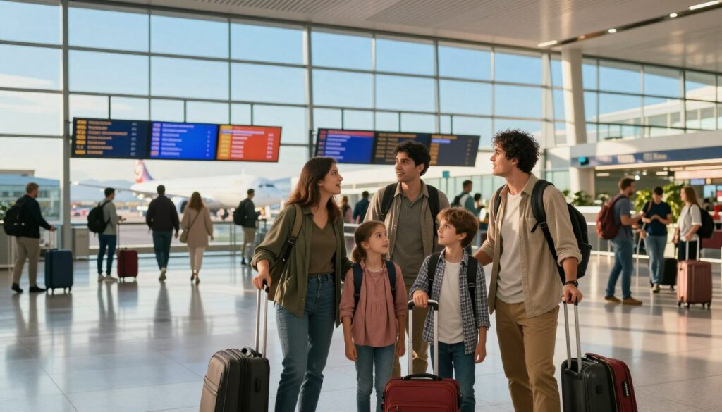 A serene travel scene depicting a journey to Alanya, Turkey. In the foreground, a family of four, dressed in casual yet modest travel attire, stands with luggage at a bustling airport terminal, excited anticipation on their faces. In the middle layer, convey the vibrant atmosphere of the airport, with travelers moving about, flight information screens displaying destinations, and airport staff assisting passengers. In the background, large windows showcase a bright blue sky and a view of an airplane ready for departure, bathed in warm sunlight that suggests a welcoming environment. The overall mood should be one of excitement and adventure, reflecting the joy of travel. The composition should be well-lit, with a focus on the travelers and the busy airport setting, captured from a slightly elevated angle to provide depth.