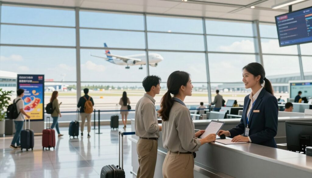 A serene travel scene illustrating the concept of flying conveniently and affordably. In the foreground, a well-dressed couple, both wearing professional casual clothing, is standing at an airport check-in desk, interacting with a friendly airline staff member. In the middle, the bustling airport terminal shows travelers with their luggage, vibrant advertisements promoting flight deals, and large windows revealing a bright, sunny day outside. The background features a panoramic view of an airplane on the runway, ready for takeoff, with a clear blue sky above. The lighting is bright and inviting, creating a hopeful, optimistic atmosphere. The image captures the essence of planning a cheap and comfortable flight, evoking a sense of excitement and anticipation for the journey ahead.