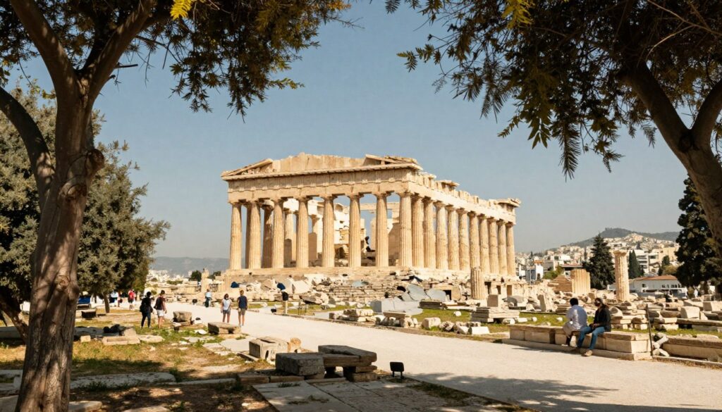 A serene view of the Acropolis in Athens during a sunny day, showcasing ancient ruins with dappled sunlight filtering through trees in the foreground. In the middle, the iconic Parthenon stands majestically, surrounded by well-maintained pathways and a few visitors in modest casual clothing exploring peacefully. The background features a clear blue sky, adding a warm atmosphere, while distant hills frame the scene. Soft, golden lighting highlights the textures of the ancient stonework, emphasizing the beauty of Greek architecture. The mood is tranquil and inviting, encouraging a sense of safety and calm as tourists engage with history, set in a picturesque urban environment.