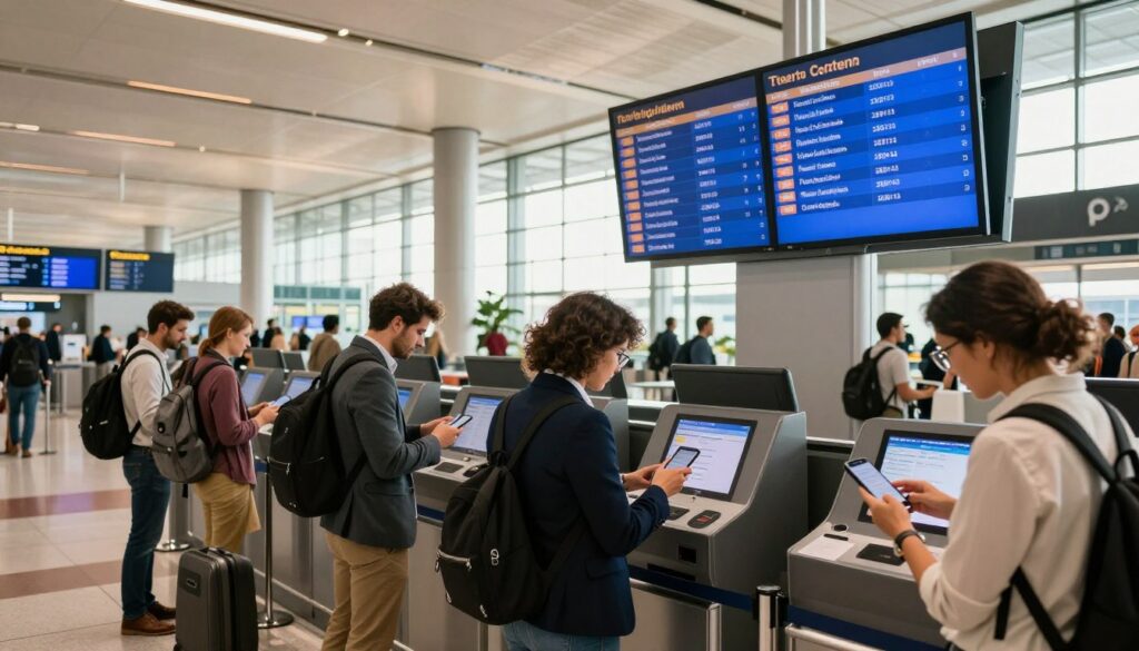 A sleek, modern airport departure hall bustling with travelers preparing for their flights to Tenerife. In the foreground, a diverse group of people in professional business attire and modest casual clothing stand at a digital check-in kiosk, analyzing their travel itineraries on mobile devices. In the middle ground, a large, bright screen displays upcoming flights to Tenerife, emphasizing the countdown to departure. The background features stylish architectural elements of the airport, with natural sunlight filtering through expansive glass windows, creating an inviting atmosphere. The scene conveys a sense of urgency and excitement, focusing on the efficiency of travel planning. Use warm lighting to enhance the inviting mood, captured from a low-angle perspective to emphasize the dynamic environment.