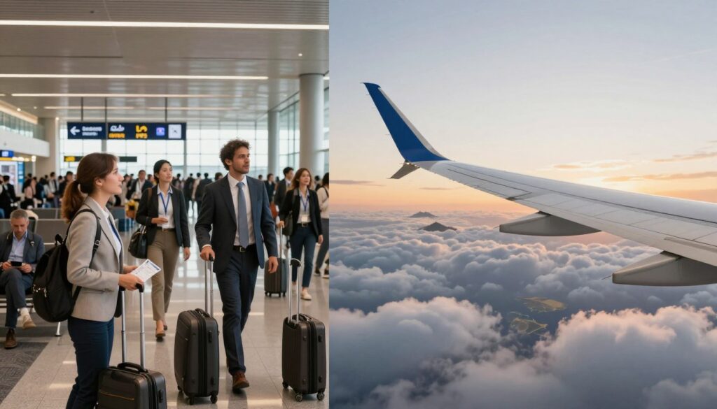 A split image illustrating travel dynamics, prominently featuring two contrasting scenes side by side. On the left, a bustling airport terminal with modern architecture, bright overhead lights, and travelers waiting at the boarding gate, dressed in professional business attire. Include diverse individuals, with suitcases and boarding passes in hand, conveying anticipation. On the right, a serene image of a scenic airplane wing visible above fluffy clouds, evoking the thrill of flight towards the Canary Islands, bathed in golden sunset light. In the background, subtle hints of different island silhouettes blur into the soft gradient of a twilight sky, reflecting the theme of direct flights versus layover connections. The overall atmosphere should be vibrant and dynamic, highlighting the contrasts of travel times.