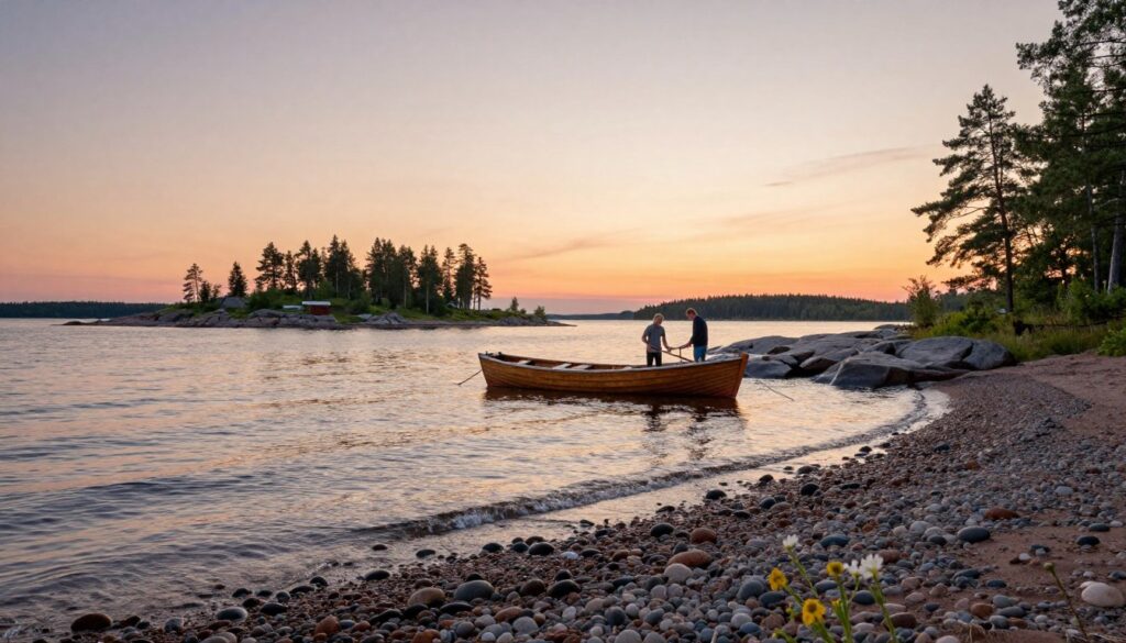 A stunning view of Finland's coastline at sunrise, showcasing the serene beauty of the Baltic Sea. In the foreground, smooth pebbles and soft sand are kissed by gentle waves, while a few wildflowers peek through the shore. In the middle ground, a small wooden boat is anchored, hinting at the area's maritime culture, with a couple of people in modest casual clothing preparing to set sail. The background displays the lush green island landscape and distant pine tree forests under a sky painted in warm oranges and soft pinks as the sun rises. The atmosphere is tranquil and inviting, reflecting Finland's connection to the sea. Capture this idyllic setting with a wide-angle lens, high contrast, and warm, natural lighting to enhance the peaceful mood.