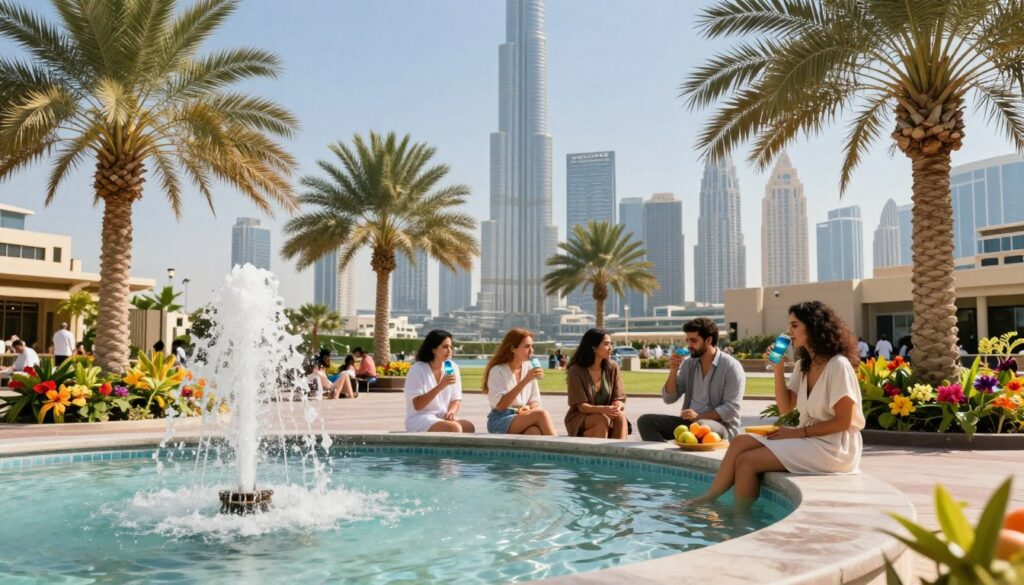 A tranquil scene in Dubai showcasing a refreshing oasis amid the city's heat. In the foreground, a crystal-clear fountain with sparkling water, surrounded by vibrant green palm trees and colorful tropical flowers. In the middle ground, a diverse group of people dressed in modest casual clothing enjoying the sun, with some sipping water and others sharing fresh fruits. In the background, the iconic skyline of Dubai shines under a bright blue sky, with shimmering glass skyscrapers reflecting the sunlight. Soft, warm lighting enhances the inviting atmosphere, conveying a sense of safety and well-being. The overall mood is one of relaxation and health, emphasizing the importance of hydration and nutrition in a hot climate.