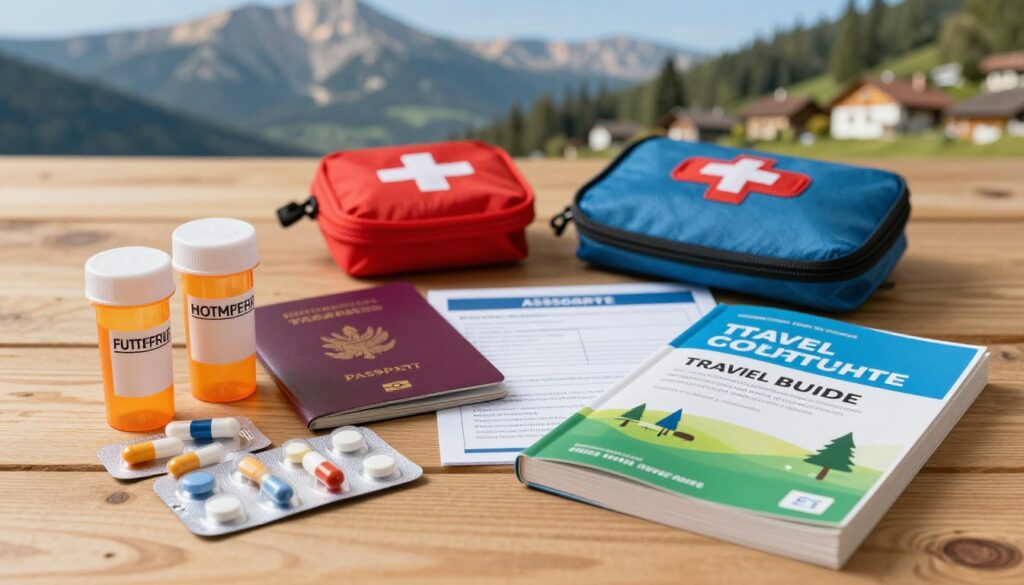 A travel-themed composition featuring various medications and travel-related items arranged neatly on a wooden table. In the foreground, showcase a set of prescription medications in their original containers, neatly labeled, alongside an international travel guidebook. In the middle, include essential travel accessories like a passport, a small first aid kit, and a travel insurance document, all of which emphasize the importance of proper preparation. In the background, subtly hint at a picturesque Bulgarian landscape, such as sunlit mountains or a quaint village, to evoke the destination. Use soft, natural lighting to create a calm and informative atmosphere, with a slightly blurred depth of field to keep the focus on the medications and travel documents. Aim for a warm color palette to convey a sense of preparedness and safety.