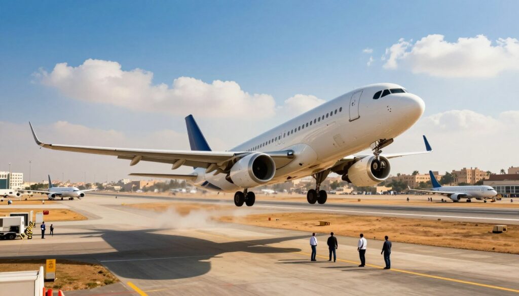 A vibrant aerial view of an airplane taking off from an international airport, with its nose elevated and clouds gliding past. In the foreground, capture a modern aircraft sleekly designed, reflecting sunlight with a bright blue sky above. The middle ground features a bustling airport scene, with various planes on the runway and ground staff in professional attire guiding passengers. The background showcases distant city buildings and a hint of the desert landscape leading towards Hurghada, incorporating warm earthy tones. The lighting is bright and inviting, creating a sense of optimism and adventure, while the angle provides a dynamic perspective of the aircraft's ascent. The overall mood is enthusiastic and travel-inspired, perfect for illustrating air travel to Egypt.