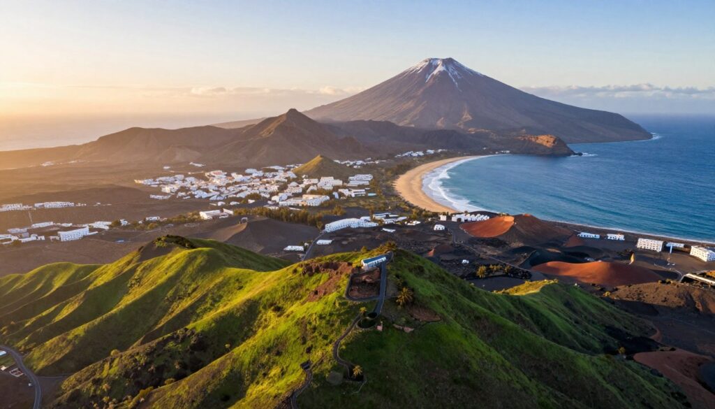 A vibrant aerial view of the Canary Islands at sunrise, showcasing the distinct shapes and colors of Tenerife, Gran Canaria, Lanzarote, and Fuerteventura. In the foreground, lush green hills of Tenerife rise majestically, with the imposing Mount Teide capped with snow. The middle ground features the golden sands and blue waves of Fuerteventura, while Gran Canaria's rugged mountains provide a stunning contrast. Lanzarote's unique volcanic landscape boasts shades of red and black, dotted with white architecture. Soft, warm sunlight bathes the scene, enhancing the vibrant colors and creating a dreamy atmosphere. Use a wide lens to capture the vastness of the islands and the ocean, emphasizing their beauty as popular travel destinations. The image should evoke a sense of wanderlust and excitement for travel.
