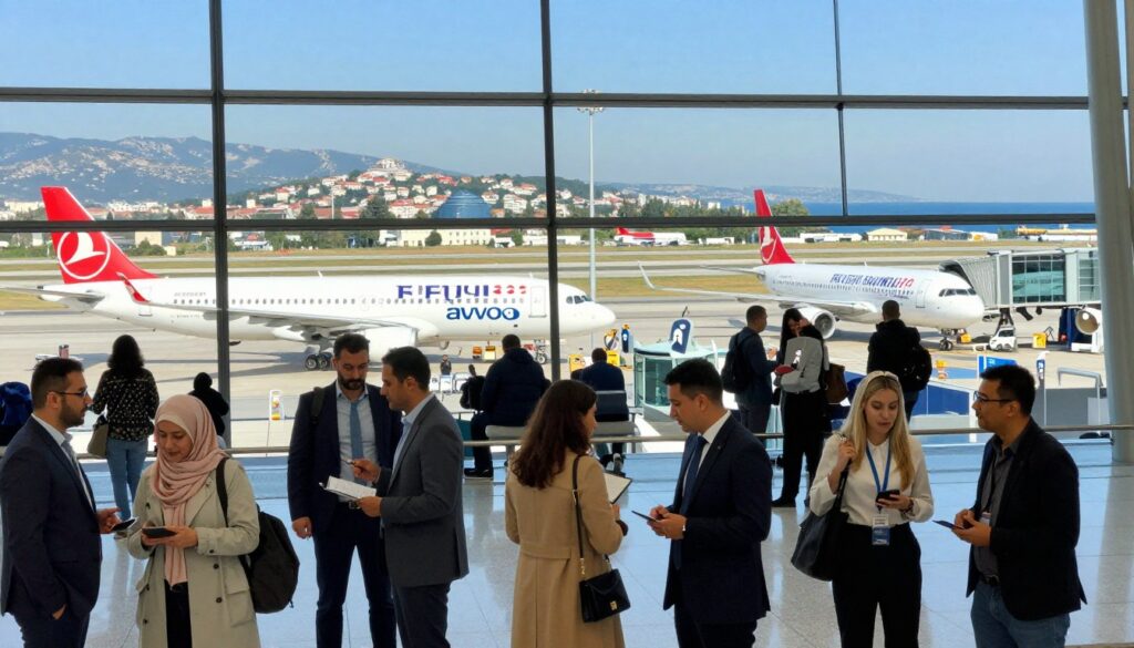 A vibrant airport scene capturing the essence of Turkish regions and their airports, set during a bright sunny day. In the foreground, a mix of travelers from diverse backgrounds dressed in professional business attire and modest casual clothing, discussing their travel plans or checking flight information. The middle ground features a bustling airport terminal with large windows showcasing planes preparing for departure and arrival at various Turkish airports, complete with vivid colors of airlines. In the background, a stunning view of a Turkish landscape, reflecting the unique culture and attractions of the regions, such as mountains or the coastline. The lighting is bright and cheerful, creating an inviting and busy atmosphere, ideal for travelers planning their next adventure. The camera angle is slightly elevated, providing a comprehensive view of the lively scene without any distractions. A vibrant airport scene capturing the essence of Turkish regions and their airports, set during a bright sunny day. In the foreground, a mix of travelers from diverse backgrounds dressed in professional business attire and modest casual clothing, discussing their travel plans or checking flight information. The middle ground features a bustling airport terminal with large windows showcasing planes preparing for departure and arrival at various Turkish airports, complete with vivid colors of airlines. In the background, a stunning view of a Turkish landscape, reflecting the unique culture and attractions of the regions, such as mountains or the coastline. The lighting is bright and cheerful, creating an inviting and busy atmosphere, ideal for travelers planning their next adventure. The camera angle is slightly elevated, providing a comprehensive view of the lively scene without any distractions.