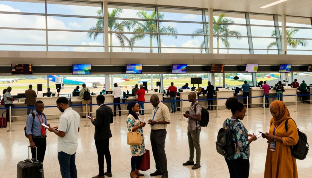 A vibrant airport scene showcasing travelers at a bustling African airport, with distinct architecture that hints at Nairobi, Mombasa, or Malindi. In the foreground, a diverse group of well-dressed travelers awaits their flights—some checking flight information, others discussing itineraries. The middle ground features the check-in counters and large glass windows showing planes at the gates, hinting at tropical destinations. In the background, lush palm trees and sunny skies peek through the terminal windows, suggesting a warm, inviting atmosphere. Soft, natural lighting bathes the scene, enhancing the sense of anticipation and excitement. The angle should be slightly elevated, capturing the hustle and bustle while emphasizing the grandeur of the airport setting.