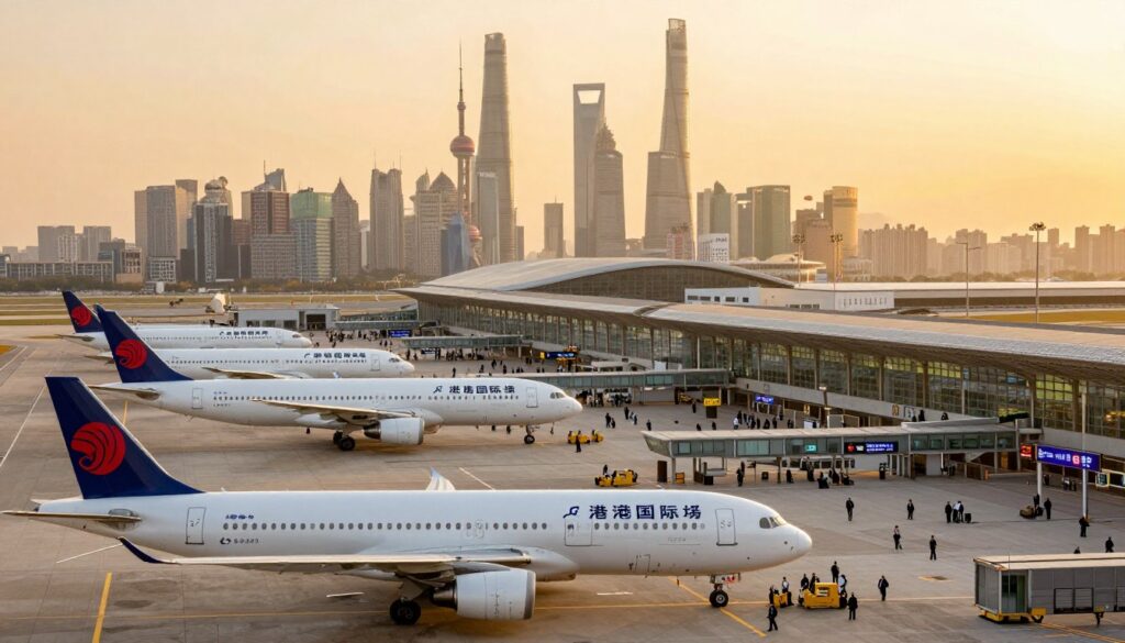 A vibrant and detailed depiction of the major airports in China: Beijing Capital International Airport, Shanghai Pudong International Airport, Guangzhou Baiyun International Airport, Hong Kong International Airport, and Chengdu Shuangliu International Airport. In the foreground, showcase sleek, modern aircraft parked on tarmacs, with airport signage subtly indicating each destination. The middle ground should feature bustling terminals with travelers dressed in professional attire, capturing the essence of international travel. The background can include a skyline of iconic cityscapes associated with each airport, bathed in warm, golden-hued sunset light to convey a welcoming atmosphere. Use a wide-angle lens perspective to encompass the scale and vibrancy of air travel in China, creating a sense of anticipation for journeys ahead. A vibrant and detailed depiction of the major airports in China: Beijing Capital International Airport, Shanghai Pudong International Airport, Guangzhou Baiyun International Airport, Hong Kong International Airport, and Chengdu Shuangliu International Airport. In the foreground, showcase sleek, modern aircraft parked on tarmacs, with airport signage subtly indicating each destination. The middle ground should feature bustling terminals with travelers dressed in professional attire, capturing the essence of international travel. The background can include a skyline of iconic cityscapes associated with each airport, bathed in warm, golden-hued sunset light to convey a welcoming atmosphere. Use a wide-angle lens perspective to encompass the scale and vibrancy of air travel in China, creating a sense of anticipation for journeys ahead.