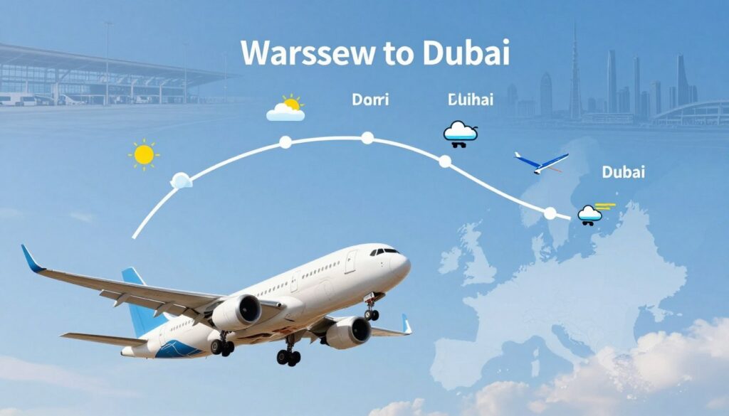 A vibrant and informative illustration depicting the factors affecting flight duration from Warsaw to Dubai. In the foreground, showcase a modern airplane soaring through a clear blue sky, symbolizing travel. The middle ground should feature a stylized map highlighting the route from Warsaw to Dubai, with icons representing various elements such as weather, air traffic, and fuel efficiency, all influencing flight time. In the background, include subtle images of an airport terminal and the iconic skyline of Dubai to set the context. Soft, natural lighting enhances a bright and optimistic atmosphere, suggesting a sense of adventure and comfort. The image should evoke anticipation and curiosity about travel, with no text or additional elements.