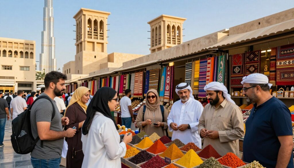 A vibrant and inviting scene in Dubai, focusing on a group of tourists exploring a bustling marketplace. In the foreground, diverse tourists dressed in modest casual attire, engaged in friendly interactions while admiring traditional spices and textiles. The middle ground features colorful stalls filled with intricate handicrafts and aromatic spices, surrounded by a lively ambience. In the background, iconic Dubai architecture, including the Burj Khalifa and traditional wind towers, rises against a clear blue sky. The lighting is warm and inviting, suggesting a sunny afternoon. The atmosphere is one of excitement and curiosity, emphasizing safety and cultural engagement, capturing the essence of a secure and enriching travel experience in Dubai.