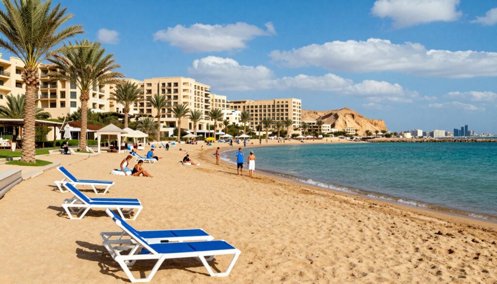 A vibrant beach scene showcasing popular Red Sea resorts, featuring elegant hotels and palm trees along the shoreline. In the foreground, sun loungers are arranged neatly on golden sands, with a serene turquoise sea gently lapping at the shore. The middle ground includes tourists enjoying the sun, dressed in casual yet stylish summer attire, engaging in beach activities. In the background, a breathtaking view of rugged hills and clear blue skies filled with scattered white clouds. The lighting is bright and sunny, casting soft shadows, evoking a warm and inviting atmosphere. Capture this scene with a slightly elevated angle to emphasize the resort's spaciousness and the natural beauty surrounding it, creating a contrast between the tranquility of the beach and the distant vibrancy of Kairo’s skyline on the horizon. A vibrant beach scene showcasing popular Red Sea resorts, featuring elegant hotels and palm trees along the shoreline. In the foreground, sun loungers are arranged neatly on golden sands, with a serene turquoise sea gently lapping at the shore. The middle ground includes tourists enjoying the sun, dressed in casual yet stylish summer attire, engaging in beach activities. In the background, a breathtaking view of rugged hills and clear blue skies filled with scattered white clouds. The lighting is bright and sunny, casting soft shadows, evoking a warm and inviting atmosphere. Capture this scene with a slightly elevated angle to emphasize the resort's spaciousness and the natural beauty surrounding it, creating a contrast between the tranquility of the beach and the distant vibrancy of Kairo’s skyline on the horizon.