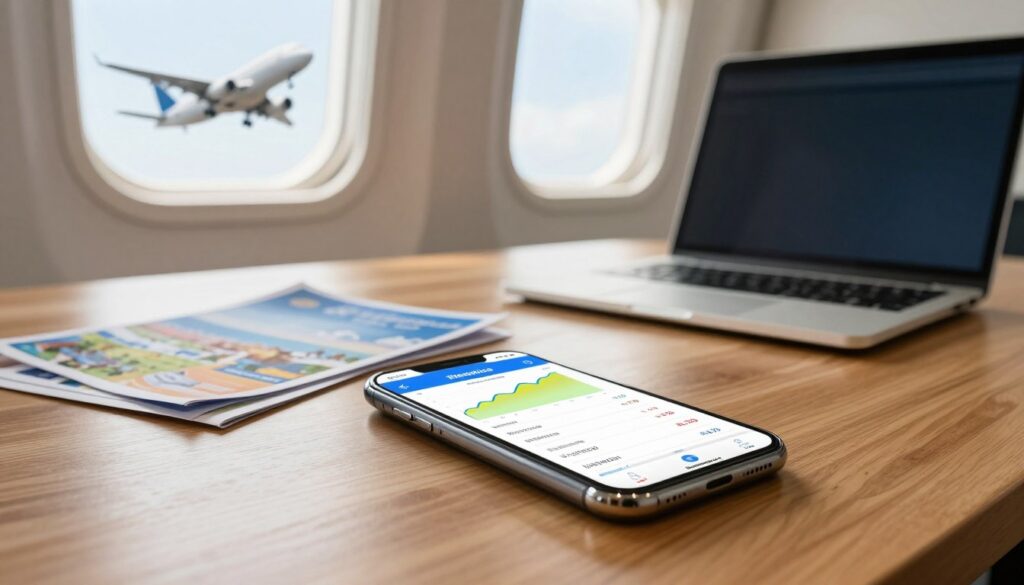 A vibrant composition illustrating flight prices and offers for a journey from Katowice to Madeira. In the foreground, a smartphone displaying a flight search app, with colorful graphs and price listings visible on the screen. In the middle ground, a polished wooden table with travel brochures and a laptop, suggesting research and planning. The background features a bright window with a view of an airplane taking off, symbolizing the destination. The lighting is warm and inviting, evoking a sense of optimism and adventure. The overall atmosphere is dynamic and focused, capturing the essence of seeking affordable travel options without unnecessary complications. No text or branding is present in the image.