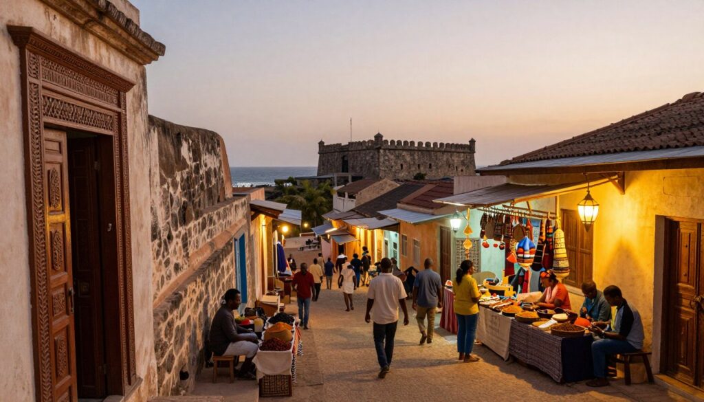 A vibrant evening scene of Stone Town, Zanzibar, showcasing its historic architecture and winding alleyways. In the foreground, intricately carved wooden doors and bustling local markets come to life, featuring vendors selling spices and handcrafted goods. The middle ground captures the warm glow of lanterns illuminating the streets, while pedestrians in modest casual attire navigate the lively atmosphere. The background reveals the iconic silhouette of the Old Fort against a dusky sky, with a hint of the Indian Ocean shimmering in the distance. The lighting should reflect a soft, golden hour ambiance, emphasizing the welcoming charm of the area while portraying a safe, inviting environment. Use a wide-angle perspective to encompass the essence of Stone Town's rich culture and tranquil vibe after dusk.