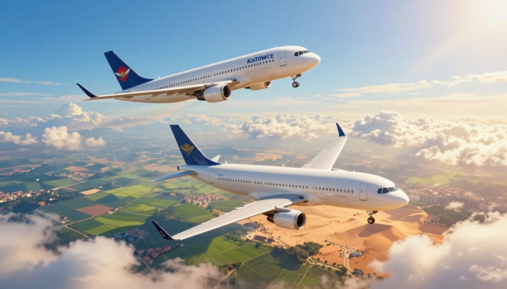 A vibrant illustration of two airplanes in mid-flight over a stunning landscape, highlighting the concept of direct flights. In the foreground, one airplane is soaring high with a clear blue sky, symbolizing a direct route from Katowice to Hurghada. In the middle ground, a contrasting airplane is depicted in a controlled descent, signifying a connecting flight with visible clouds and distant cityscapes beneath. The background features a blend of lush green fields transitioning into desert sands, capturing the journey from Europe to Africa. Soft golden sunlight filters through the clouds, casting a warm glow on the planes, evoking a mood of adventure and travel comfort. The angle should be dynamic, emphasizing the distance between the planes and the different travel experiences they represent.