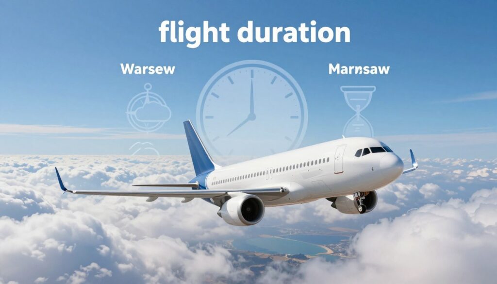 A vibrant illustration showcasing the concept of "flight duration" between Warsaw and Fuerteventura. In the foreground, a modern airplane in mid-flight, flying above fluffy white clouds, with a clear blue sky providing bright, natural lighting. The airplane, designed sleekly and symbolically, represents the journey. In the middle ground, a subtle depiction of a clock with delicate hands, hinting at the measurement of time, surrounded by stylized icons representing factors affecting flight duration, such as a compass, weather symbols, and an hourglass. In the background, a distant horizon line with hints of the Fuerteventura coastline peeking through the clouds. The atmosphere should evoke a sense of adventure and anticipation, with a clear focus on the exploration and travel aspect.