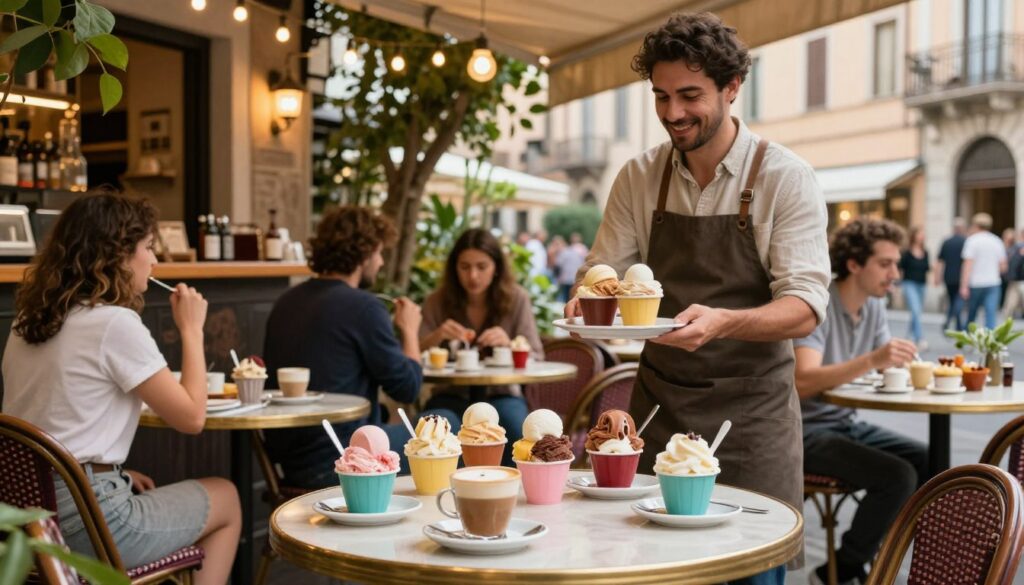 A vibrant outdoor Italian café scene, featuring a cozy table set with an array of delicious gelato flavors in colorful cups, a steaming cappuccino on a saucer, and subtle, whimsical condiments in the background. In the foreground, a friendly barista in modest casual clothing serves a variety of patrons enjoying their desserts. The middle plane captures the inviting atmosphere with string lights softly glowing above and lush greenery framing the scene. The background showcases charming Italian architecture, hinting at bustling streets filled with tourists. Use warm, natural lighting to evoke a relaxed and joyful mood, with a slight depth of field to focus on the café experience while softly blurring the background elements.