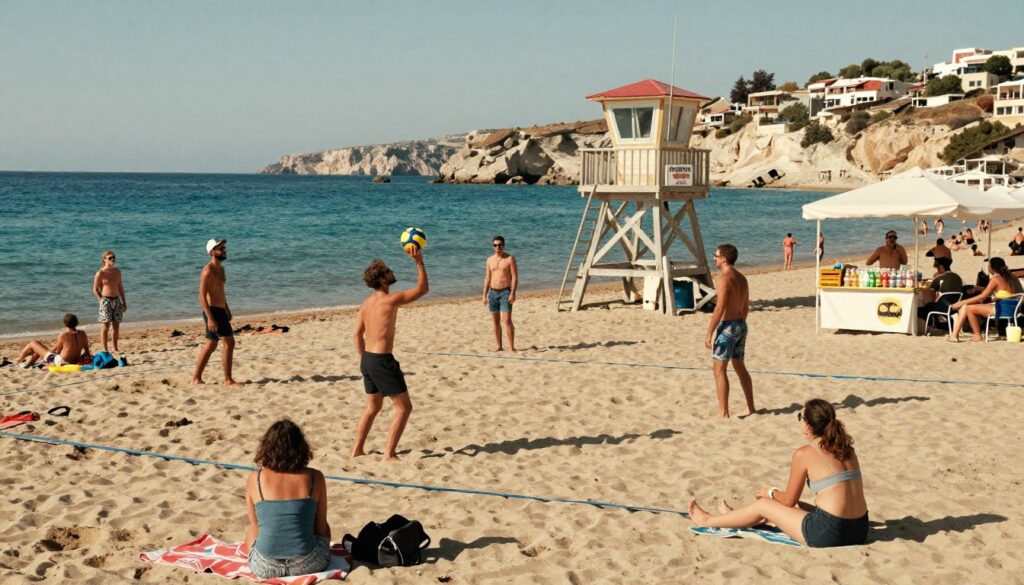 A vibrant scene depicting a beach area in Greece during the summer, highlighting the theme of petty crime and safety awareness. In the foreground, a diverse group of beachgoers wearing modest casual clothing, engaged in fun activities like playing beach volleyball and sunbathing, while maintaining a sense of vigilance. The middle ground features a lifeguard tower and beachside vendors offering refreshments. In the background, scenic views of the coastline, with clear blue waters and scenic cliffs under bright sunlight. The lighting is warm and inviting, casting soft shadows on the sand. The atmosphere is lively yet conveys a subtle sense of caution, suggesting the need for awareness amidst the beauty of the beach.