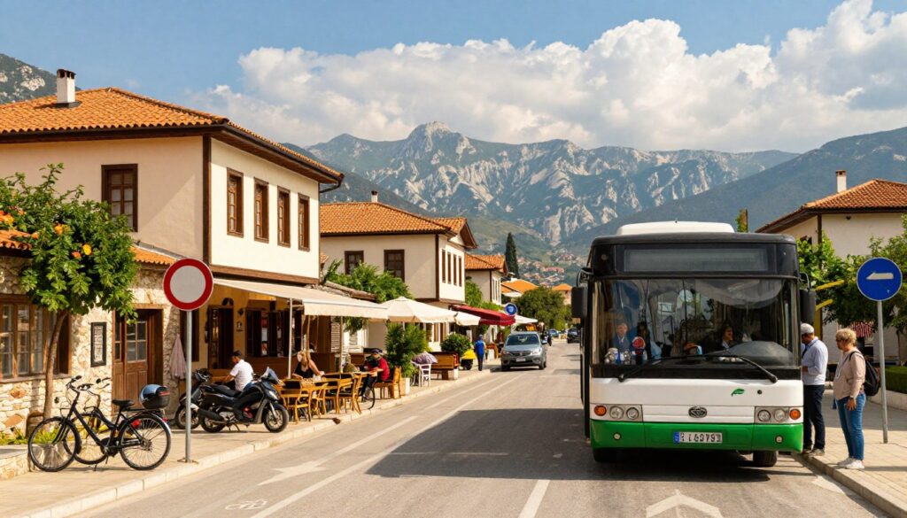 A vibrant scene showcasing various modes of transport in Albania. In the foreground, a well-maintained bus with passengers boarding, reflecting local culture. In the middle, a picturesque street lined with traditional Albanian architecture, where bicycles and scooters are parked alongside charming cafes. The background features the beautiful Albanian mountains, under a bright blue sky with soft, fluffy clouds. The image is bathed in warm, natural sunlight, creating a welcoming atmosphere. Capture this scene from a slightly elevated angle to include more of the bustling environment, emphasizing safety features like road signs and dedicated bike lanes. The overall mood should be inviting and adventurous, illustrating the ease of navigating Albania's unique transport options.