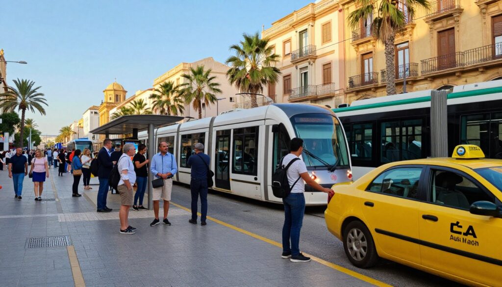 A vibrant street scene in Alicante showcasing various modes of public transport, including a modern tram, a city bus, and a taxi, all in motion. In the foreground, a bright yellow taxi is stopping to pick up passengers, while a stylish tram glides past. In the middle, diverse people in casual yet professional attire wait at a bustling bus stop, engaged in conversation. The background reveals iconic Alicante architecture, with palm trees swaying under a clear blue sky. Soft sunlight illuminates the scene, creating a warm, inviting atmosphere. Capture this lively moment with a slight low-angle perspective, adding depth to the bustling transport hub, emphasizing the ease of navigating through the vibrant city.