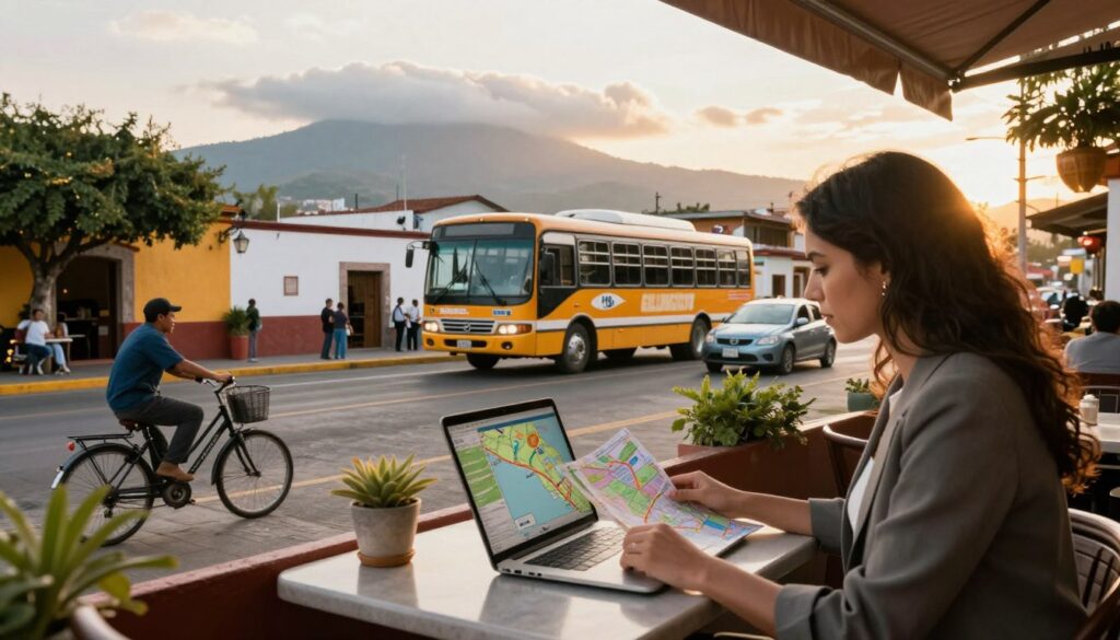 A vibrant travel scene in Mexico showcasing transportation and route planning. In the foreground, a professional-looking woman with a laptop is sitting at an outdoor café table, intently reviewing travel maps. In the middle ground, a colorful landscape features a bustling street with various transportation options: a bicycle, a local bus, and a car. In the background, distant mountains capped by clouds provide a scenic backdrop, while the sun sets, casting a warm golden glow over the scene. The atmosphere is lively yet relaxed, capturing the essence of hassle-free travel in Mexico. The composition is framed with a slight tilt to emphasize the depth and welcomes viewers into this transport hub. Soft, diffused lighting enhances the inviting mood.