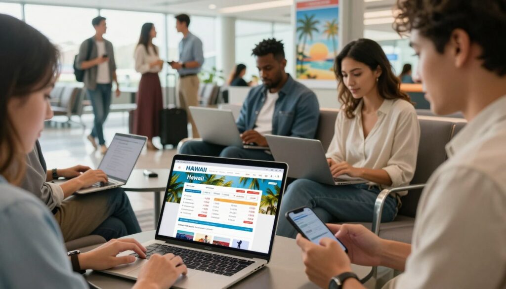 A vibrant travel-themed scene depicting a group of diverse individuals, dressed in smart casual attire, eagerly examining flight deals on their laptops and mobile devices in a bright, inviting airport lounge. In the foreground, a close-up view of a laptop displaying a colorful webpage filled with ticket options to Hawaii, showcasing various prices and routes. The middle layer features a bustling airport atmosphere, with other travelers in the background chatting and checking their bags. The lighting is warm and natural, streaming through large windows, creating a welcoming mood. The overall atmosphere conveys excitement and optimism about finding affordable travel options. A travel poster about Hawaii can be seen in the background, adding a touch of tropical vibes.