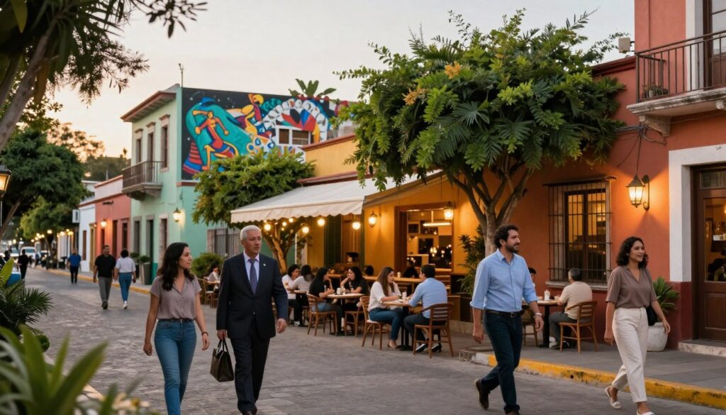 A vibrant urban scene depicting a safe and appealing neighborhood in Mexico, showcasing a charming street lined with colorful houses and lush greenery. In the foreground, a few families and individuals dressed in professional business attire and modest casual clothing walk leisurely, exuding a sense of community and safety. In the middle ground, cozy cafes with inviting outdoor seating create a warm atmosphere, with locals engaging in friendly conversation. The background features softly lit buildings adorned with murals, highlighting the culture and vibrancy of the area. The lighting is warm and golden, suggesting a late afternoon glow, enhancing the inviting mood of the neighborhood. The image should convey both safety and cultural richness, reflecting an ideal area for travelers to explore.