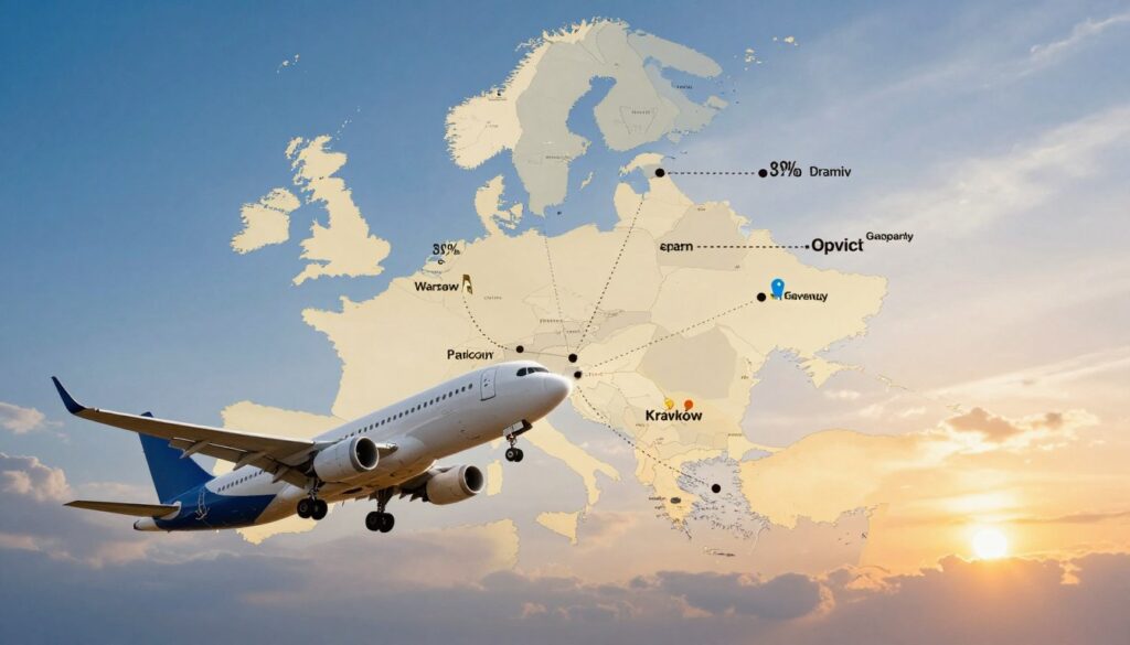 A visually engaging image showcasing the concept of flight time, specifically highlighting the differences in flight durations from various Polish cities to Egypt. In the foreground, a modern airplane soaring through a clear blue sky, with small icons representing different Polish cities like Warsaw, Kraków, and Gdańsk subtly integrated around it. The middle ground features a map of Poland and Egypt, connecting the cities with dotted lines and timing graphics to emphasize the flight durations. In the background, a vibrant sunset casts warm golden hues, creating a sense of adventure and travel. The scene is lit by soft, natural light, capturing a mood of excitement and anticipation for travelers. Use a wide-angle perspective to showcase the expansive sky and map details without any text or overlays. A visually engaging image showcasing the concept of flight time, specifically highlighting the differences in flight durations from various Polish cities to Egypt. In the foreground, a modern airplane soaring through a clear blue sky, with small icons representing different Polish cities like Warsaw, Kraków, and Gdańsk subtly integrated around it. The middle ground features a map of Poland and Egypt, connecting the cities with dotted lines and timing graphics to emphasize the flight durations. In the background, a vibrant sunset casts warm golden hues, creating a sense of adventure and travel. The scene is lit by soft, natural light, capturing a mood of excitement and anticipation for travelers. Use a wide-angle perspective to showcase the expansive sky and map details without any text or overlays.