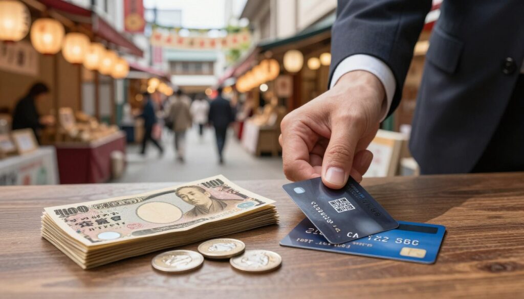 A visually striking comparison of cash and cards, set in a modern Japanese context. In the foreground, a stack of Japanese yen bills and coins are elegantly arranged near a sleek credit card with a QR code. The middle ground features a hand reaching for either the cash or card, dressed in business attire, symbolizing a choice between payment methods. In the background, a bustling Japanese market scene is visible, with traditional lanterns hanging and shopping stalls, bathed in warm, inviting sunlight, creating a relaxed atmosphere. Capture the moment from a slightly elevated angle, focusing on the contrasts between the tactile feel of cash and the digital essence of cards, evoking a sense of decision-making in a vibrant cultural setting.