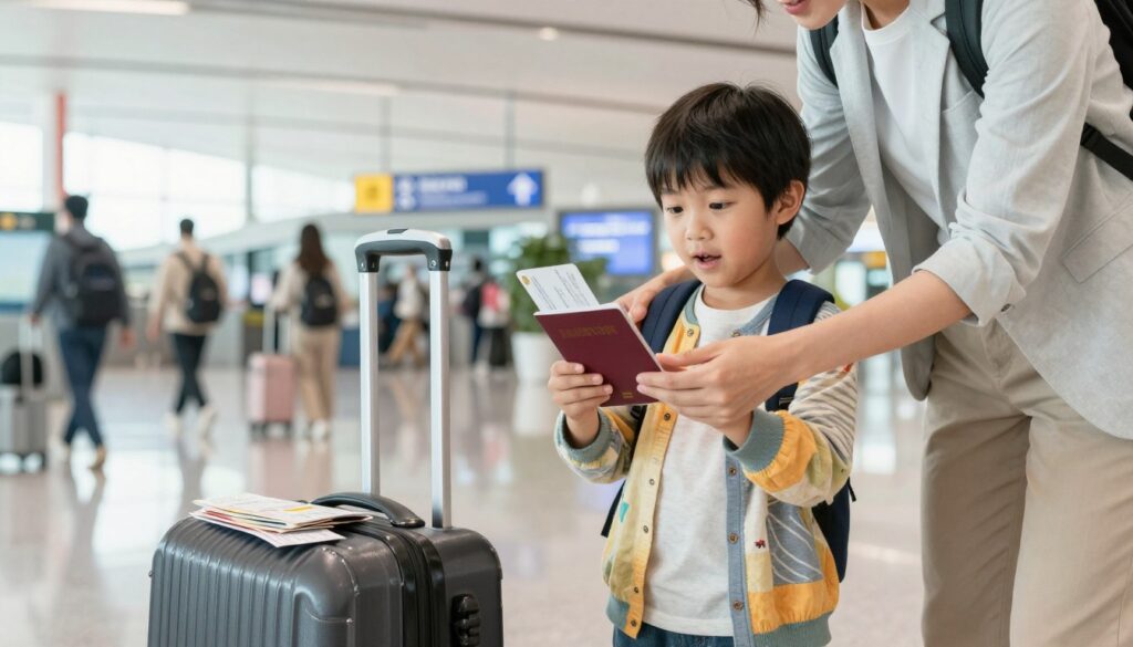 A warm, inviting scene depicting a parent and child at an airport terminal, preparing for travel. In the foreground, the parent, dressed in a smart casual outfit, is holding a passport and discussing travel documents with their child, who is wearing a comfortable, colorful outfit. The child looks excited and curious, pointing at the passport. In the middle ground, various travel-related items like a suitcase, tickets, and a small travel guide are visible, adding to the atmosphere of preparation. In the background, blurred images of other travelers and airport signage create a sense of bustling activity. Soft, natural lighting brightens the scene, evoking a sense of anticipation for the journey ahead. The mood is cheerful and hopeful, capturing the essence of family travel.