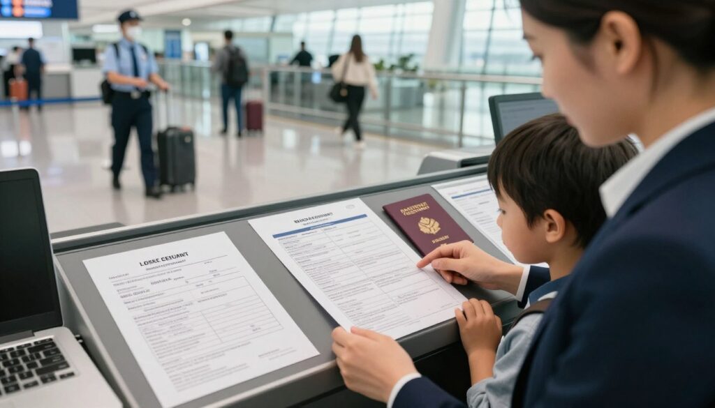 A well-organized scene depicting important travel documents and child safety measures at an airport. In the foreground, a professional-looking adult wearing business attire is holding a child's hand, both looking at a travel document with focused expressions. The middle ground features a neatly arranged collection of passports, a birth certificate, and a lost document report on a check-in counter. In the background, an airport security area is visible, with staff in uniforms scanning luggage and guiding passengers. Soft, natural lighting creates a calm, reassuring atmosphere. The angle is slightly above eye level, providing a clear view of the documents while capturing the busy environment of the airport. Overall, the image should reflect the seriousness of travel preparations and the importance of having the right documents in unexpected situations.