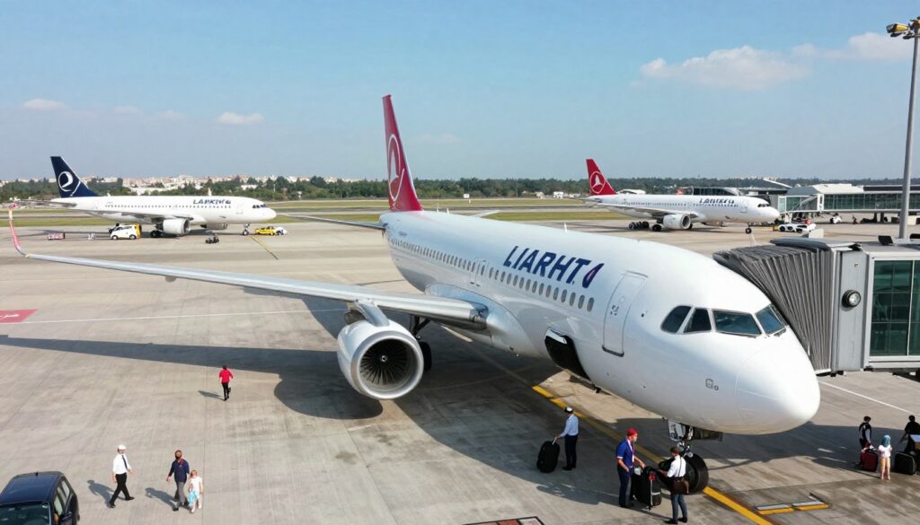 An aerial view of an airport scene showcasing a variety of passenger airplanes on the tarmac, focusing on a sleek, modern aircraft preparing for a direct flight to Turkey. In the foreground, a friendly airline ground crew, dressed in professional uniforms, are assisting passengers with luggage. The middle ground features the vibrant airport terminal bustling with travelers, families, and business people. The background highlights a clear blue sky, symbolizing travel and adventure, with a distant view of the city skyline. Soft natural lighting enhances the atmosphere, creating a sense of optimism and excitement for upcoming journeys. The composition captures the essence of direct flights and travel efficiency, evoking a sense of wanderlust.