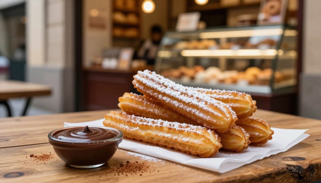 A beautiful serving of freshly made churros, golden brown and perfectly crisp, dusted with powdered sugar, placed artfully on a rustic wooden table. In the foreground, a small dish of rich chocolate sauce, shiny and inviting, accompanies the churros, alongside a sprinkle of cinnamon. In the middle ground, soft-focus elements include a blurred background of a cozy Barcelona pastry shop, warm lights illuminating the unique pastries on display. The atmosphere is inviting and sweet, reflecting the charm of Barcelona's dessert culture. The scene is captured in natural lighting, giving a warm glow to the churros, with a shallow depth of field that emphasizes the delicious treat in the foreground. The overall mood is indulgent and cozy, perfect for a sweet ending to a delightful day. A beautiful serving of freshly made churros, golden brown and perfectly crisp, dusted with powdered sugar, placed artfully on a rustic wooden table. In the foreground, a small dish of rich chocolate sauce, shiny and inviting, accompanies the churros, alongside a sprinkle of cinnamon. In the middle ground, soft-focus elements include a blurred background of a cozy Barcelona pastry shop, warm lights illuminating the unique pastries on display. The atmosphere is inviting and sweet, reflecting the charm of Barcelona's dessert culture. The scene is captured in natural lighting, giving a warm glow to the churros, with a shallow depth of field that emphasizes the delicious treat in the foreground. The overall mood is indulgent and cozy, perfect for a sweet ending to a delightful day.