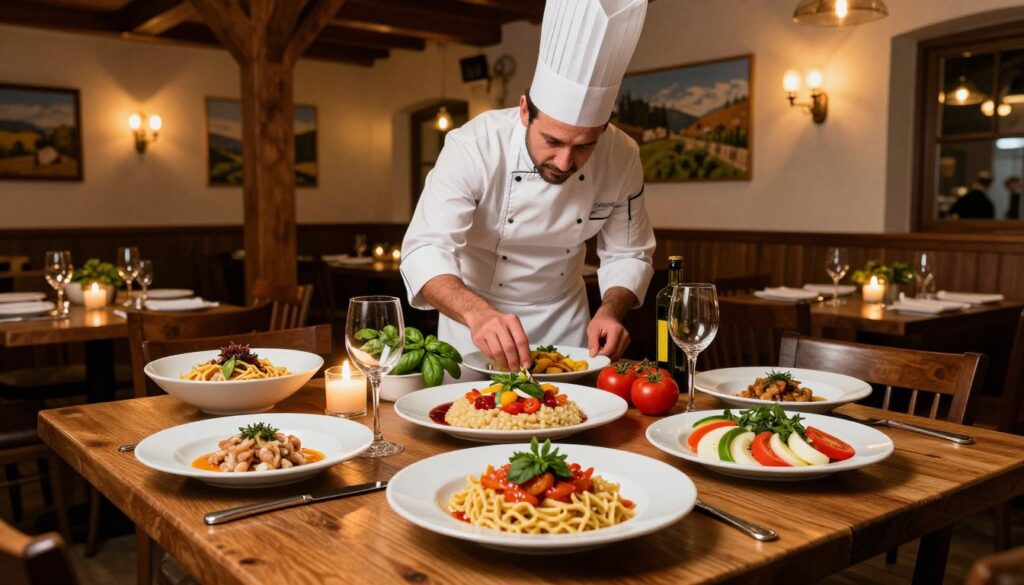 A beautifully arranged Italian dining scene showcasing a vibrant tabletop filled with classic Italian dishes like pasta, risotto, and a colorful caprese salad. The foreground features a rustic wooden table with gleaming plates and glasses, reflecting the warm glow of candlelight. In the middle, a chef in a white apron and a professional chef's hat expertly garnishes a plate, surrounded by fresh ingredients like basil, tomatoes, and olive oil. The background reveals a cozy Italian trattoria with warm, dim lighting, wooden beams, and wall decorations featuring Italian landscapes. The atmosphere is inviting and rich, evoking a sense of culinary adventure and warmth, perfect for celebrating Italian influences in the heart of Łódź. A beautifully arranged Italian dining scene showcasing a vibrant tabletop filled with classic Italian dishes like pasta, risotto, and a colorful caprese salad. The foreground features a rustic wooden table with gleaming plates and glasses, reflecting the warm glow of candlelight. In the middle, a chef in a white apron and a professional chef's hat expertly garnishes a plate, surrounded by fresh ingredients like basil, tomatoes, and olive oil. The background reveals a cozy Italian trattoria with warm, dim lighting, wooden beams, and wall decorations featuring Italian landscapes. The atmosphere is inviting and rich, evoking a sense of culinary adventure and warmth, perfect for celebrating Italian influences in the heart of Łódź.