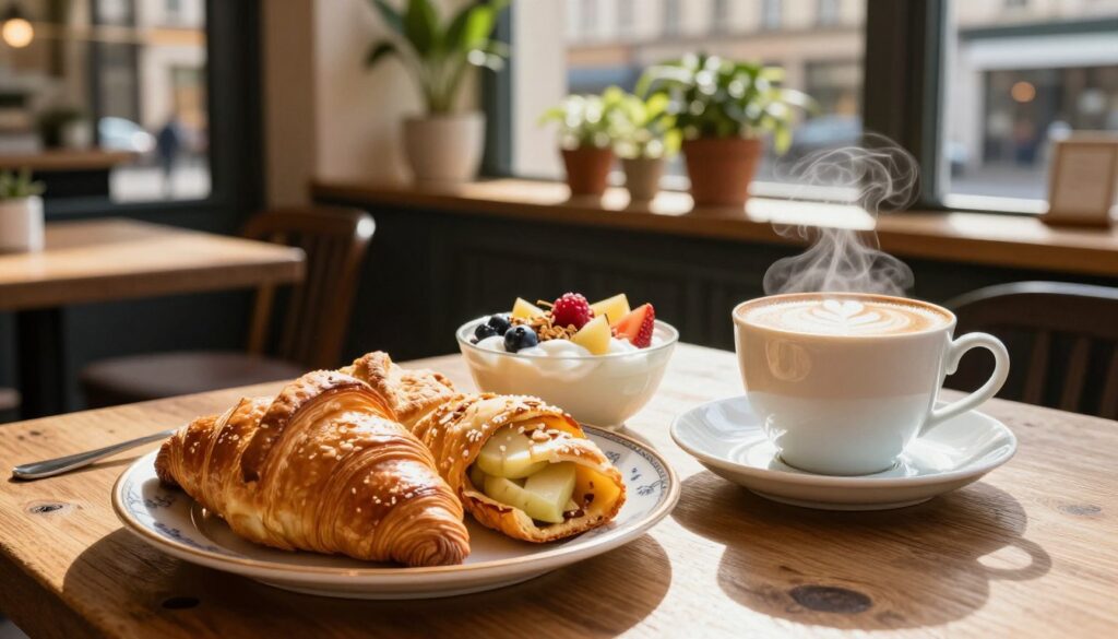 A beautifully arranged breakfast spread featuring traditional Berlin dishes and a steaming cup of coffee. In the foreground, a rustic wooden table holds a vibrant plate of freshly baked pastries, like buttery croissants and apple strudel, alongside a bowl of creamy yogurt topped with seasonal fruits and muesli. A tall, frothy cup of expertly brewed coffee, with intricate latte art, sits next to a vintage porcelain saucer. In the middle ground, a cozy café setting captures the charm of Berlin, with sunlight streaming through large windows, casting soft golden rays across the scene. Potted plants add a touch of greenery, enhancing the inviting atmosphere. The image evokes a warm, cheerful morning vibe, perfect for starting the day in a bustling city.