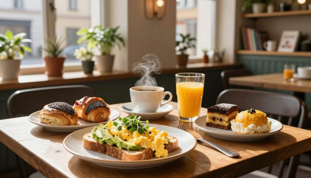 A beautifully arranged breakfast table set in a cozy, atmospheric café in Katowice. In the foreground, a wooden table displays a vibrant array of dishes: fluffy scrambled eggs, fresh avocado toast garnished with microgreens, and a plate of assorted pastries reflecting local flavors, such as poppy seed roll and saffron cake. In the middle ground, a steaming cup of coffee sits alongside a glass of fresh orange juice, all bathed in warm, inviting sunlight streaming through large windows. The background features soft, vintage decor, with potted plants and rustic shelving filled with cookbooks, creating a charming, welcoming ambiance. The scene evokes a sense of comfort and exploration, celebrating the delightful tastes of Silesian breakfast in an enchanting café setting. A beautifully arranged breakfast table set in a cozy, atmospheric café in Katowice. In the foreground, a wooden table displays a vibrant array of dishes: fluffy scrambled eggs, fresh avocado toast garnished with microgreens, and a plate of assorted pastries reflecting local flavors, such as poppy seed roll and saffron cake. In the middle ground, a steaming cup of coffee sits alongside a glass of fresh orange juice, all bathed in warm, inviting sunlight streaming through large windows. The background features soft, vintage decor, with potted plants and rustic shelving filled with cookbooks, creating a charming, welcoming ambiance. The scene evokes a sense of comfort and exploration, celebrating the delightful tastes of Silesian breakfast in an enchanting café setting.