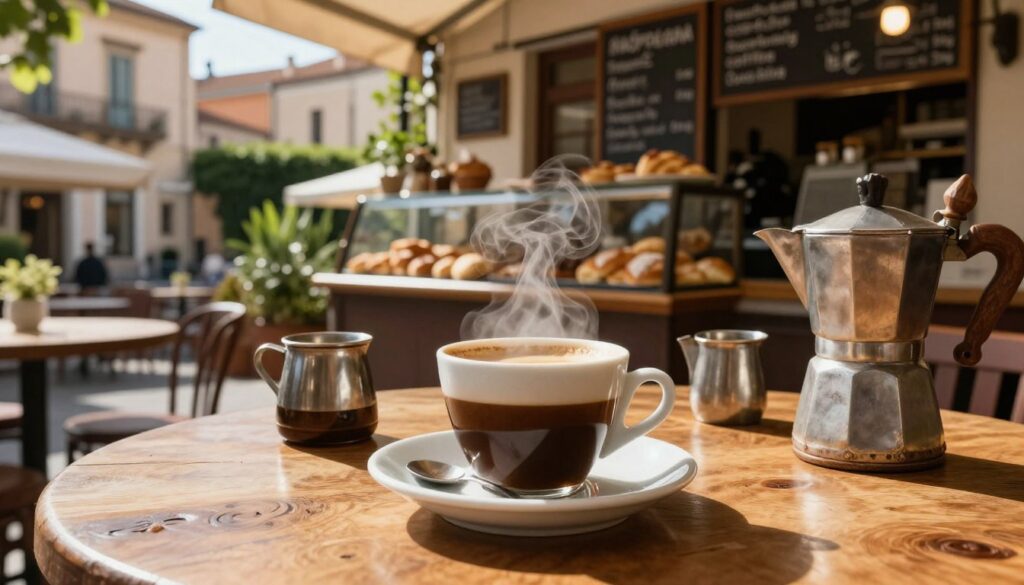A beautifully arranged cup of rich, dark Neapolitan coffee sits on a wooden table, surrounded by traditional Italian coffee-making tools. The foreground features delicate steam rising from the cup, hinting at its warmth and aroma. In the middle ground, a rustic Neapolitan café can be seen, with artisanal pastries and a chalkboard menu displaying various coffee types. The background features a sunny outdoor terrace filled with greenery and classic Italian architecture, casting soft shadows. The scene is illuminated by warm, gentle sunlight, and the image captures an inviting, cozy atmosphere, perfect for enjoying a cup of authentic Neapolitan coffee. The angle is slightly elevated, giving a comprehensive view of the cozy setup without any text or distractions.