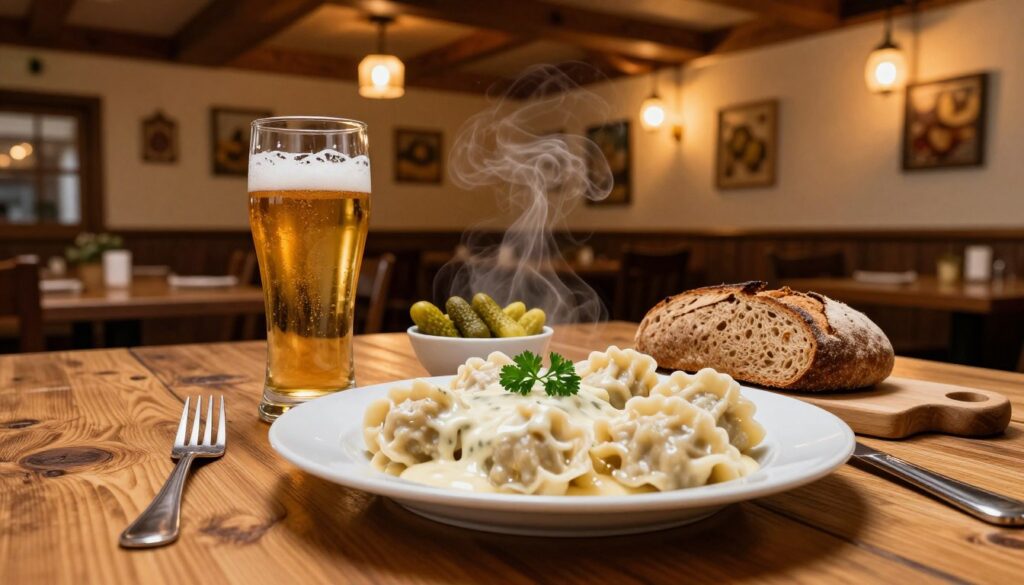 A beautifully arranged czech-inspired meal set on a rustic wooden table in a cozy restaurant in Wrocław's Lower Silesia. In the foreground, a plate of traditional Czech svíčková with creamy sauce, garnished with parsley and served with dumplings. Beside it, a glass of pale lager beer glistens in the warm light. In the middle, a small bowl of pickles and a loaf of fresh rye bread add a touch of authenticity. The background features a warm, inviting ambiance with wooden beams, soft golden lighting, and vintage Czech decor. A subtle steam wafts from the dish, enhancing the warm atmosphere of this culinary experience, inviting viewers to explore the fusion of classic and modern Czech flavors. The perspective is slightly elevated, focusing on the food while capturing the essence of the setting. A beautifully arranged czech-inspired meal set on a rustic wooden table in a cozy restaurant in Wrocław's Lower Silesia. In the foreground, a plate of traditional Czech svíčková with creamy sauce, garnished with parsley and served with dumplings. Beside it, a glass of pale lager beer glistens in the warm light. In the middle, a small bowl of pickles and a loaf of fresh rye bread add a touch of authenticity. The background features a warm, inviting ambiance with wooden beams, soft golden lighting, and vintage Czech decor. A subtle steam wafts from the dish, enhancing the warm atmosphere of this culinary experience, inviting viewers to explore the fusion of classic and modern Czech flavors. The perspective is slightly elevated, focusing on the food while capturing the essence of the setting.