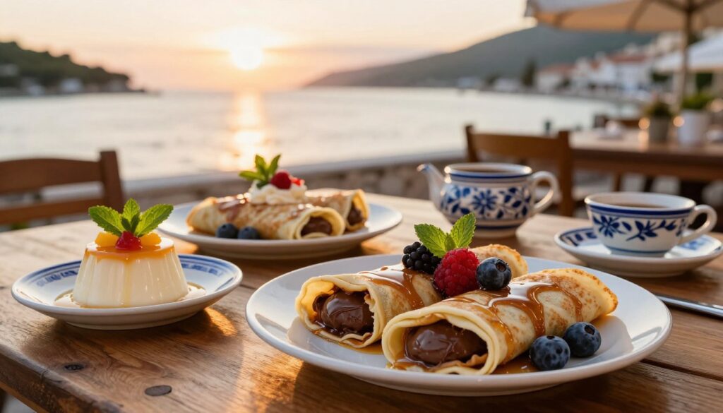 A beautifully arranged dessert table inspired by Croatian cuisine, featuring a variety of sweet delights. In the foreground, a delicate platter of palacinke, thin crepes filled with rich chocolate and topped with fresh berries, glistening with a drizzle of honey. Beside it, a small bowl of panna cotta garnished with mint leaves and colorful fruit coulis. The middle ground features a rustic wooden table, adorned with Mediterranean-style ceramics. In the background, a soft-focus coastal scene of the Croatian coastline, with the sun setting, casting a warm golden light over the scene. The atmosphere is inviting and intimate, evoking the charm of a seaside café. The image should have a shallow depth of field to emphasize the desserts, creating a warm, appetizing mood.
