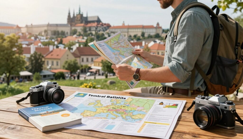 A beautifully arranged outdoor travel scene depicting practical travel tips for Central Europe. Foreground features a detailed travel essentials checklist on a wooden table, including a map of Hungary, a small travel guidebook, and a camera. In the middle ground, a traveler dressed in smart casual attire studies the map, with a backpack slung over one shoulder. The background shows a picturesque view of a Central European city skyline with historic architecture and lush greenery. The scene is illuminated by soft, warm sunlight casting gentle shadows, creating a welcoming and adventurous atmosphere. The composition captures the essence of preparation and exploration, inviting viewers to ponder their own travels.