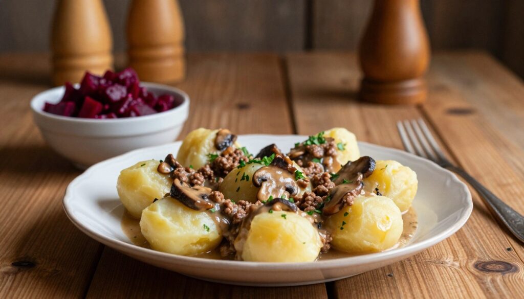 A beautifully arranged plate of cepeliny, traditional Lithuanian potato dumplings, filled with ground meat, is showcased in the foreground. The dumplings are delicately drizzled with a rich, savory mushroom sauce and garnished with fresh herbs. Next to the plate, a small bowl of beetroot salad adds a pop of color, while a rustic wooden table enhances the homely feel of the scene. In the middle background, warm, ambient lighting casts gentle shadows, evoking a cozy atmosphere reminiscent of a traditional Lithuanian kitchen. The image should have a slight depth of field, focusing on the plate while softening the background, creating an inviting and mouth-watering portrayal of this hearty dish.
