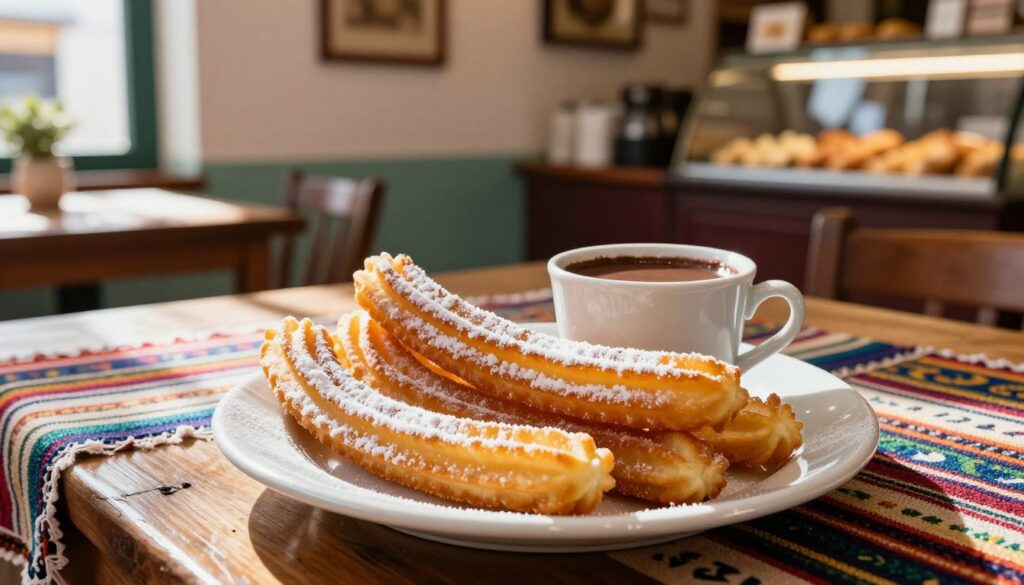 A beautifully arranged plate of golden-brown churros dusted with powdered sugar, served with a small cup of rich, thick hot chocolate for dipping. In the foreground, the churros are invitingly curved, showcasing their crispy texture. The middle ground features a rustic wooden table adorned with a colorful, traditional Spanish tablecloth. Soft morning sunlight streams in through a nearby window, casting gentle shadows and highlighting the delicate details of the churros. The background includes a cozy, well-decorated Spanish café setting, with pastel-colored walls and a glimpse of a delicious-looking pastry display. The atmosphere feels warm and inviting, evoking a serene breakfast or dessert experience in Spain. A beautifully arranged plate of golden-brown churros dusted with powdered sugar, served with a small cup of rich, thick hot chocolate for dipping. In the foreground, the churros are invitingly curved, showcasing their crispy texture. The middle ground features a rustic wooden table adorned with a colorful, traditional Spanish tablecloth. Soft morning sunlight streams in through a nearby window, casting gentle shadows and highlighting the delicate details of the churros. The background includes a cozy, well-decorated Spanish café setting, with pastel-colored walls and a glimpse of a delicious-looking pastry display. The atmosphere feels warm and inviting, evoking a serene breakfast or dessert experience in Spain.