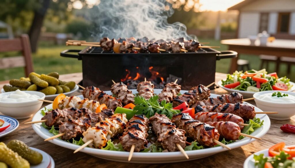 A beautifully arranged platter of Bulgarian grilled meat specialties in the foreground, showcasing various types of meats such as skewers of juicy kebap, grilled sausages, and tender shish kebab, garnished with fresh herbs and colorful peppers. In the middle ground, a traditional Bulgarian grill is depicted, with smoke billowing gently, adding an inviting atmosphere. Surrounding the grill, there are vibrant plates of pickles, fresh salads, and a side of tangy yogurt sauce, emphasizing the rich culinary tradition. The background features a rustic outdoor setting with warm, natural lighting during golden hour, enhancing the overall warmth and inviting mood of a Balkan summer feast. The composition should be dynamic and appealing, showcasing a feast that reflects the heart of Bulgarian cuisine. A beautifully arranged platter of Bulgarian grilled meat specialties in the foreground, showcasing various types of meats such as skewers of juicy kebap, grilled sausages, and tender shish kebab, garnished with fresh herbs and colorful peppers. In the middle ground, a traditional Bulgarian grill is depicted, with smoke billowing gently, adding an inviting atmosphere. Surrounding the grill, there are vibrant plates of pickles, fresh salads, and a side of tangy yogurt sauce, emphasizing the rich culinary tradition. The background features a rustic outdoor setting with warm, natural lighting during golden hour, enhancing the overall warmth and inviting mood of a Balkan summer feast. The composition should be dynamic and appealing, showcasing a feast that reflects the heart of Bulgarian cuisine.