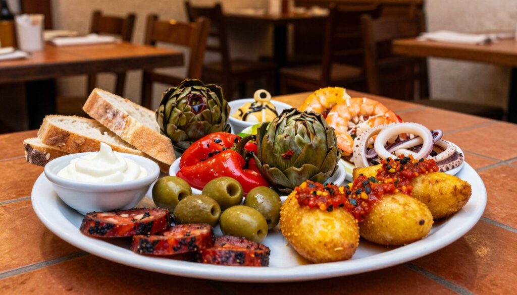 A beautifully arranged platter of traditional tapas showcasing a variety of colorful dishes. In the foreground, include slices of chorizo, marinated olives, and vibrant patatas bravas topped with a spicy sauce. Surround these with small bowls of creamy aioli and fresh bread. In the middle, highlight vibrant vegetables like roasted peppers and artichokes, alongside seafood tapas such as prawns and calamari. The background should feature a softly lit rustic Spanish setting with wooden tables, terracotta tiles, and warm ambient lighting to create an inviting atmosphere. Capture the scene at a slightly elevated angle to emphasize the textures and colors of the food. Aim for a cozy, authentic feel, evoking the spirit of sharing and enjoying Catalan cuisine in a bustling Barcelona tapas bar. A beautifully arranged platter of traditional tapas showcasing a variety of colorful dishes. In the foreground, include slices of chorizo, marinated olives, and vibrant patatas bravas topped with a spicy sauce. Surround these with small bowls of creamy aioli and fresh bread. In the middle, highlight vibrant vegetables like roasted peppers and artichokes, alongside seafood tapas such as prawns and calamari. The background should feature a softly lit rustic Spanish setting with wooden tables, terracotta tiles, and warm ambient lighting to create an inviting atmosphere. Capture the scene at a slightly elevated angle to emphasize the textures and colors of the food. Aim for a cozy, authentic feel, evoking the spirit of sharing and enjoying Catalan cuisine in a bustling Barcelona tapas bar.