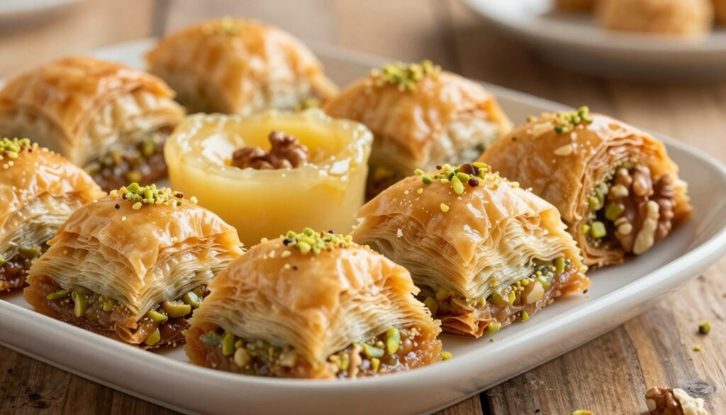A beautifully arranged platter of various sweet pastries made from filo dough, showcasing their delicate layers and golden-brown color. In the foreground, capture a close-up of baklava, highlighting its syrup-drenched edges and garnishes of crushed walnuts and pistachios. In the middle ground, include a few other traditional Greek sweets, such as galaktoboureko, with its creamy custard filling peeking through the crisp pastry layers. The background features a rustic wooden table, with soft, warm natural lighting illuminating the pastries, creating an inviting and cozy atmosphere. Use a shallow depth of field to draw attention to the textures of the filo pastries, while the background softly blurs, enhancing the focus on the culinary delights. The overall mood should evoke the feeling of indulgence and celebration inherent in Mediterranean cuisine.