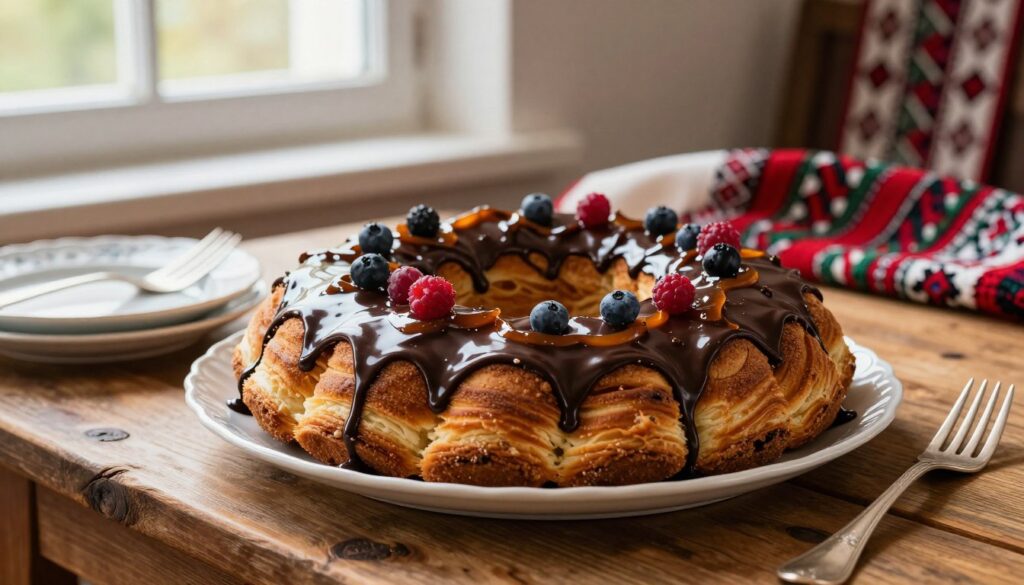 A beautifully arranged sękacz, the traditional Lithuanian cake, prominently displayed in the foreground atop a rustic wooden table. The cake, characterized by its unique spiral layers, is drizzled with a glossy chocolate glaze, with hints of caramel and decorative berries adorning the top. In the middle ground, soft light filters through a window, creating a warm and inviting atmosphere, emphasizing the rich textures of the cake. Delicate porcelain dishes and a nicely polished silver fork accompany the dessert, enhancing the sense of authenticity. The background features blurred traditional Lithuanian textiles, hinting at cultural heritage. The overall mood is cozy and inviting, suggesting a sweet conclusion to a traditional meal.