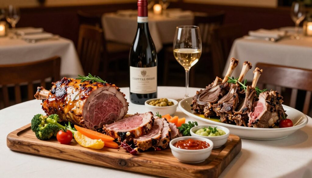 A beautifully arranged table featuring an exquisite selection of Roman meat specialties, including succulent porchetta, trippa alla romana, and tender abbacchio (lamb), elegantly garnished with fresh herbs. The foreground showcases a rustic wooden platter overflowing with vibrant, colorful seasonal vegetables and rich sauces, enhancing the allure of the dishes. In the middle, a generous wine bottle and glass capture the essence of traditional Roman dining. The background features a cozy trattoria ambiance, with soft, warm lighting casting inviting shadows and highlighting the textures of the food. The scene evokes a warm, inviting atmosphere, transporting viewers to a local Roman eatery filled with rich culinary heritage and mouth-watering flavors, viewed from a slightly elevated angle to create depth.