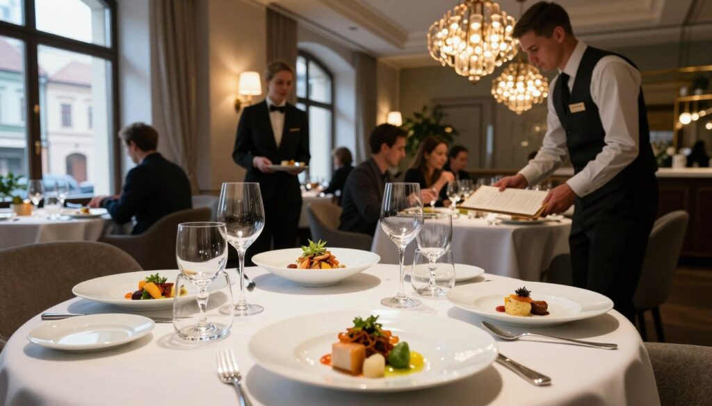 A beautifully arranged table in an elegant restaurant featuring an original menu. In the foreground, the table is set with fine china, sparkling crystal glasses, and unique dishes artfully plated, showcasing local ingredients. The middle ground reveals attentive waitstaff in professional attire serving guests, creating a warm and inviting atmosphere. In the background, soft ambient lighting from stylish chandeliers casts a gentle glow over the intimate dining space, with tasteful decor reflecting contemporary elegance. A large window shows a glimpse of Częstochowa's charming streets, adding context to the dining experience. The mood is sophisticated yet welcoming, perfect for those seeking to explore local cuisine in a refined setting. The image should maintain a high resolution, capturing details and textures clearly, emphasizing the culinary artistry and ambiance. A beautifully arranged table in an elegant restaurant featuring an original menu. In the foreground, the table is set with fine china, sparkling crystal glasses, and unique dishes artfully plated, showcasing local ingredients. The middle ground reveals attentive waitstaff in professional attire serving guests, creating a warm and inviting atmosphere. In the background, soft ambient lighting from stylish chandeliers casts a gentle glow over the intimate dining space, with tasteful decor reflecting contemporary elegance. A large window shows a glimpse of Częstochowa's charming streets, adding context to the dining experience. The mood is sophisticated yet welcoming, perfect for those seeking to explore local cuisine in a refined setting. The image should maintain a high resolution, capturing details and textures clearly, emphasizing the culinary artistry and ambiance.